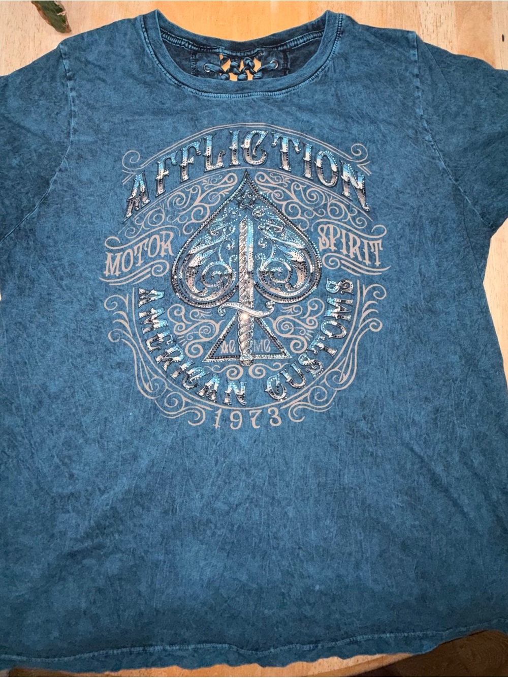 Affliction women’s Blue Graphic Tee - Spade Crest Design